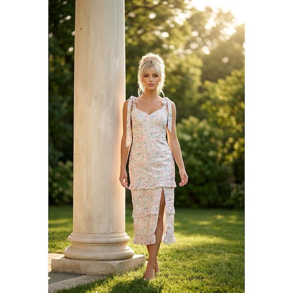 Just Me Dress Womens M Ivory Floral Tie Strap Tiered Ruffle Midi Slit
